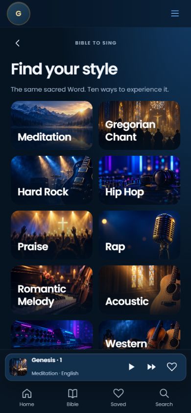 Music styles screen in Jesus Catholic Bible